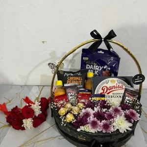 Eid chocolate and snack basket with floral gajray – gift basket by The LuvBox PK Islamabad