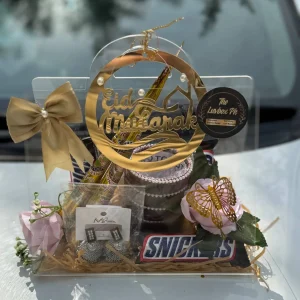Acrylic Eid gift bag with mehndi cones, bangles and chocolates – The LuvBox PK