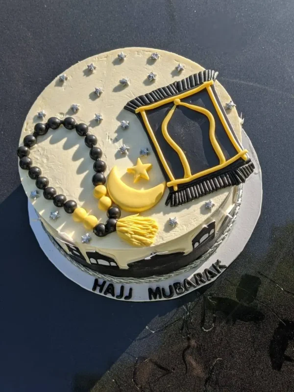 Faith & Flowers – Hajj, Ramadan or Eid Mubarak Cake with Mini Bouquet - Image 2