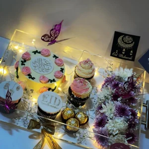 Eid Mubarak acrylic platter with bento cake, cupcakes, and flowers – The LuvBox PK Islamabad